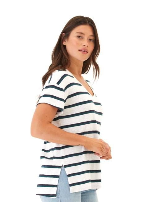 Vera Galapagos Stripe Textured Slub Jersey V-Neck Top