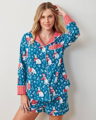 Bundled Up - Lightweight Flannel Long Sleeve Top & Shorts Set - Navy
