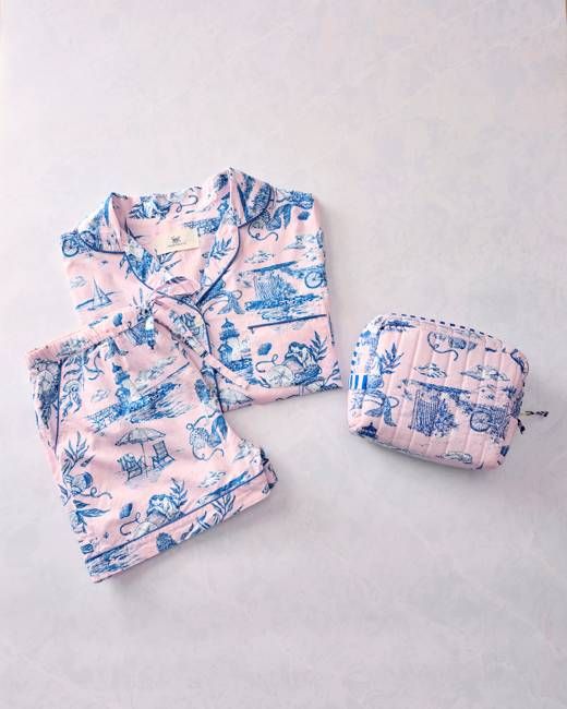 Mermaid Toile - Short PJ Set & Quilted Pouch Bundle - Blush