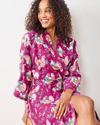 Holiday Hens - Lightweight Flannel Long Robe - Burgundy