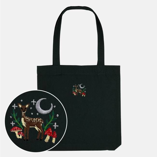 Woodland Scene Embroidered Organic Tote Bag, Vegan Gift