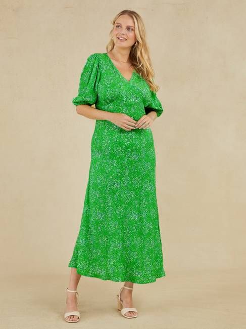 Katie - V Neck Tea Dress - Green Smudge Leopard Print - Sample