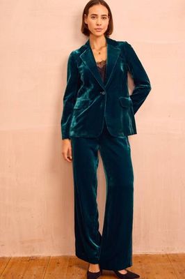 Asha Velvet Single Breasted Blazer | Teal
