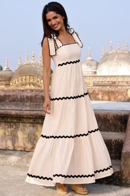 Tabitha Organic Cotton Dobby Ric Rac Dress | Cream/Black