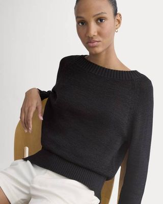 Wide-Neck Crew Sweater in Tape Yarn | Black