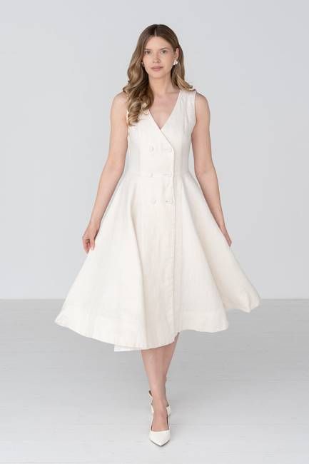 Rosa – Midi Linen Dress with Double-Button Front