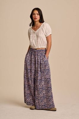 Aster - Hose aus Baumwolle und Leinen mit blauen und rosafarbenen Walled Blooms