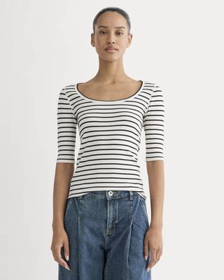 The Luxe Rib Scoop-Neck Tee | Bone / Black