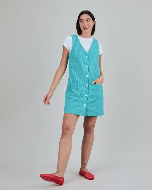 Denim Stripes Short Dress Green