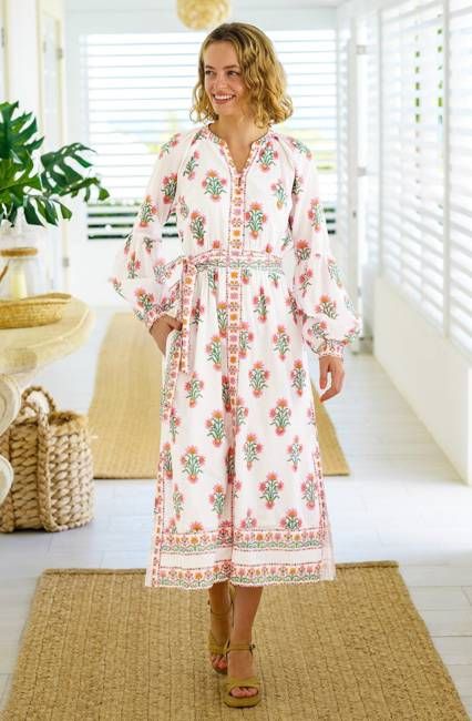 Cara Block Print Dress | White/Pink