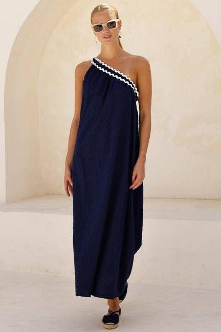 One Shoulder Cotton Dobby Ric Rac Dress | Navy/Ivory