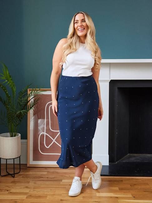 Georgia - Midi Bias Cut Skirt -  Navy Polka Dot Print - Sample