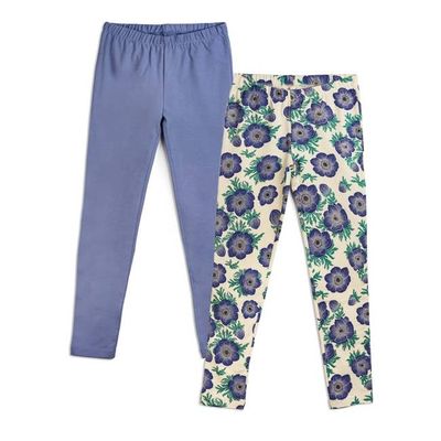 Girls Organic Cotton Reinforced Knee Leggings 2-Pack: Purple Poppies & Periwinkle