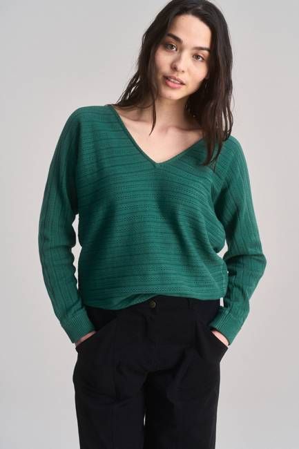 CLOVER - Pointelle Knit Organic Cotton Jumper - Dark Green