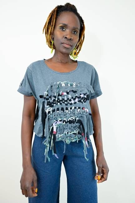 Blue and Navy Handwoven Constance Wilde Upcycled Cropped Top