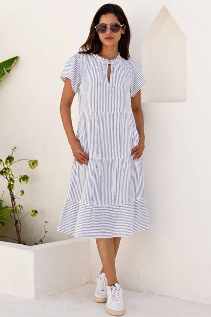 Lois Stripe Organic Cotton Cheesecloth Dress | White/Blue