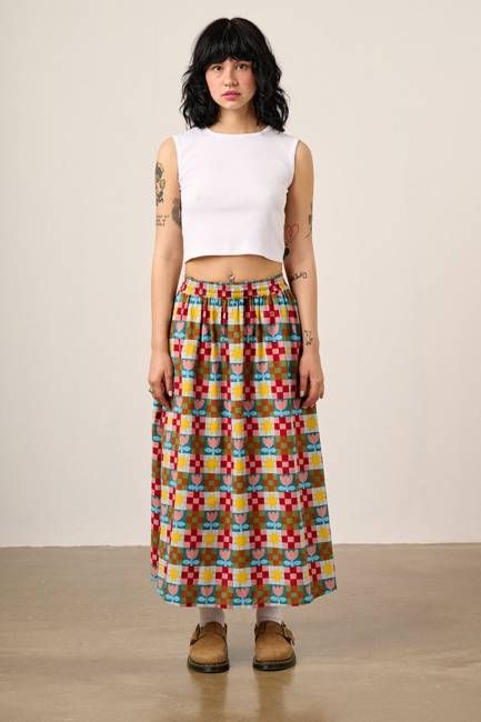 Clara - Cotton & Linen Midi Skirt in Cosmic Folk Tulip Print