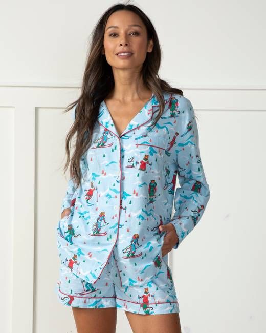Hit the Slopes - Lightweight Flannel Long Sleeve Top & Shorts Set - Frosted Lake