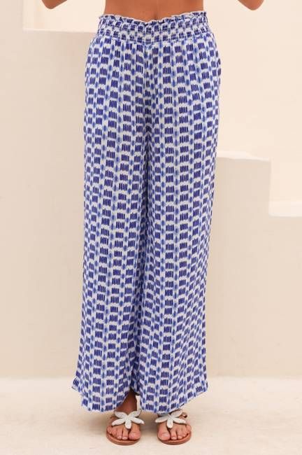 Orion Viscose Crinkle Trouser | White/Blue