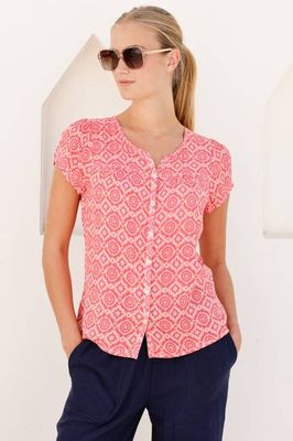 Lisbon Viscose Crinkle Blouse | Flower Tile Coral/Pink