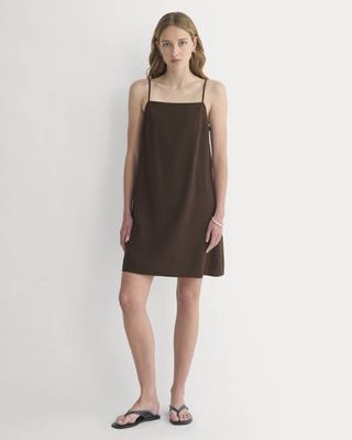 Mini Shift Dress in Stretch Linen | Dark Brown