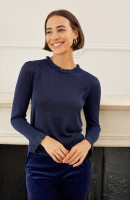 Metallic Knit Frill Neck Jumper | Navy