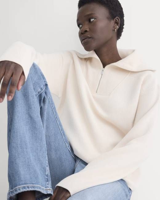 Double Knit Half-Zip in Cotton Merino | Bone/Cream/Sand/Light Camel