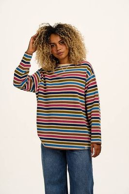 Kai - Midweight Cotton Crew Neck Sweatshirt in Rainbow & Ecru Stripe