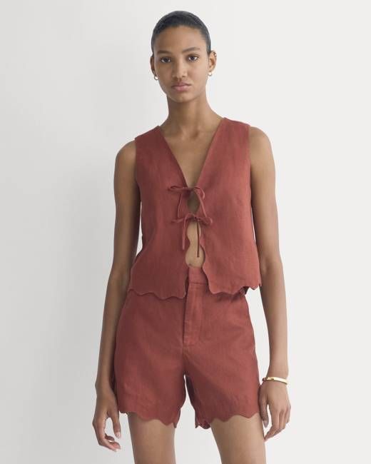Tie-Front Scallop Tank in Linen | Henna Red