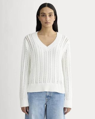 The Mesh Cable V-Neck in Everyday Cotton | White