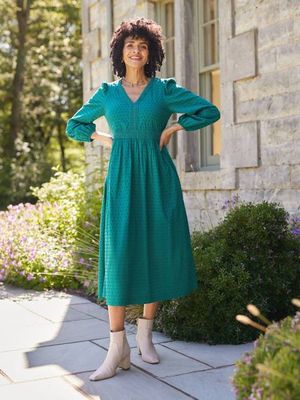 Luisa Swiss Dot Kleid aus Baumwolle mit Besatz - Blaugrün