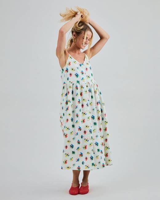 Mini Flowers Strappy Loose Dress Ecru