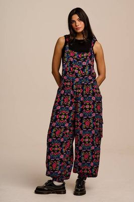 Miyada - Cotton Balloon Leg Dungarees in Blue Artisan Floral Patchwork