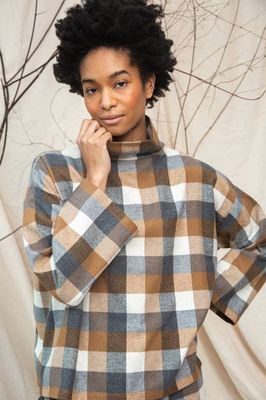 Ula-Cay Recycled Cotton Blend Brushed Twill Check Top in Tan Check
