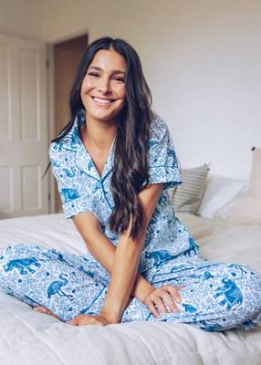 Flamenco - Short Sleeve Top & Long Pants Set - Pale Blue