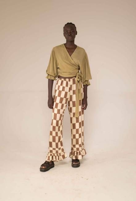 Frill hem pants - block print mocha