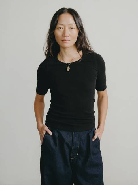 Rib Tee, Ribbed Silk Noil Jersey, Black