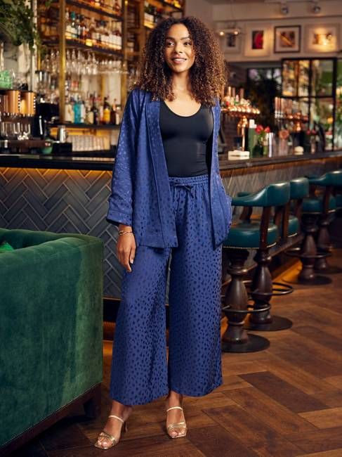 Jo - Wide Leg Satin Trousers - Navy - Sample