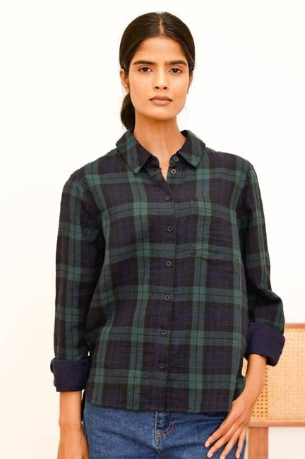 Mel Checked Double Cloth Organic Cotton Shirt | Navy/Green
