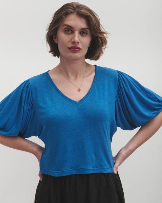 Lowie Cobalt V Neck Linen Puff Sleeve T-Shirt