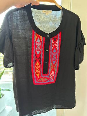 Amira Top with Handwoven Indigenous Trim, Black/Red