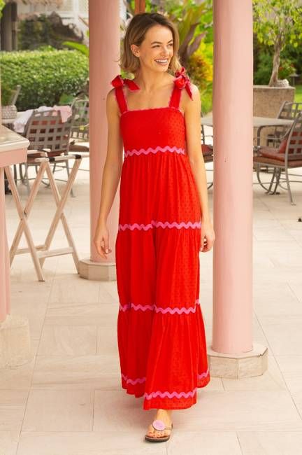 Tabitha Organic Cotton Dobby Ric Rac Dress | Red/Pink