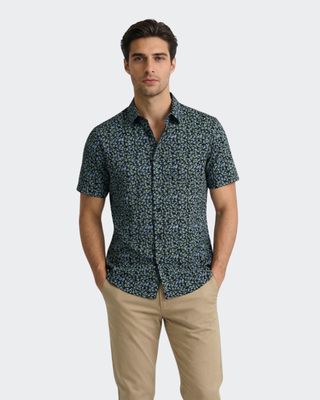 Black Mini Floral Cotton Button-Down Shirt for Men