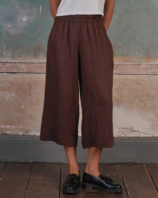 Culottes No.11 Linen Cropped Pants in Brown Herringbone