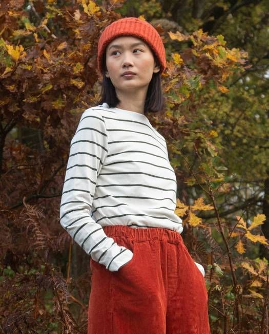 Shoba Jersey Stripe Top in Off White and Khaki Stripe