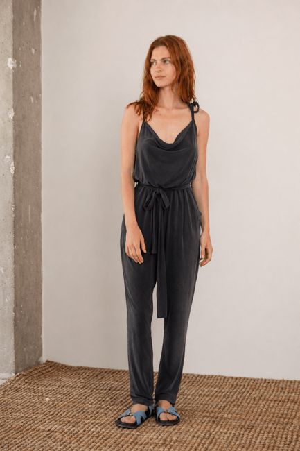 Cupro Slip Jumpsuit with Belt in Slate Black - ARCHIVE SALE