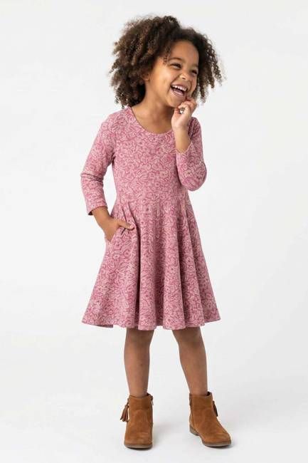 Mightly Girls Organic Cotton 3/4 Sleeve Twirl Dress: Rose Cottage