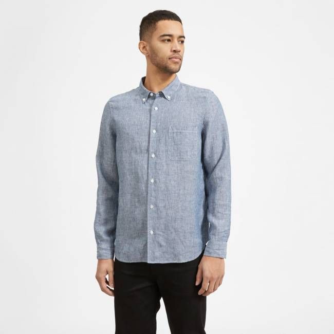 The Classic Shirt in Linen | Blue / White Pinstripe