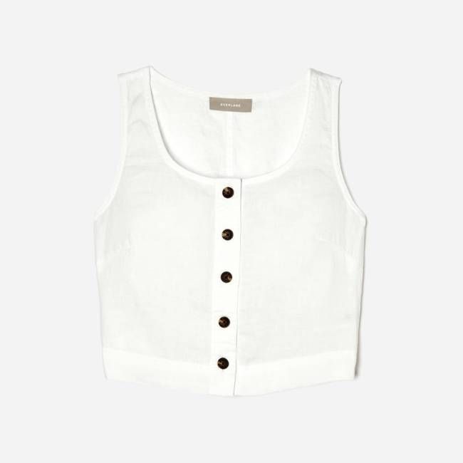 The Linen Button-Front Crop Tank | White