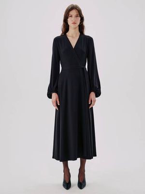 Lantern Sleeve Wrap Dress | Black